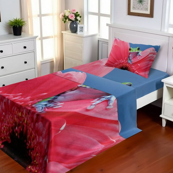 Ambesonne Nature Fitted & Top Sheet Set with Sham, Frog on Gabera Flower, Pink Green Blue
