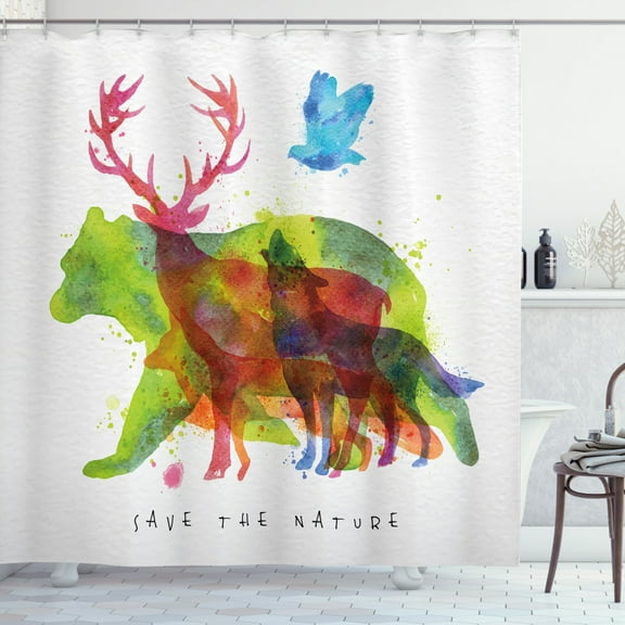 Animal Shower Curtain, Alaska Wild Animals Bears Wolfs Eagles Deers in Abstract Colored Shadow like Print, Fabric Bathroom Set with Hooks, 69W X 75L Inches Long, Multicolor, by Ambesonne