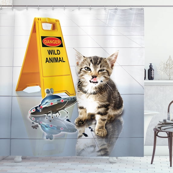 Animal Shower Curtain, Cute Flirty Adorable Kitten on the Floor with UFO and Warning Sign Art Print Image, Fabric Bathroom Set with Hooks, 69W X 84L Inches Extra Long, Multicolor, by Ambesonne