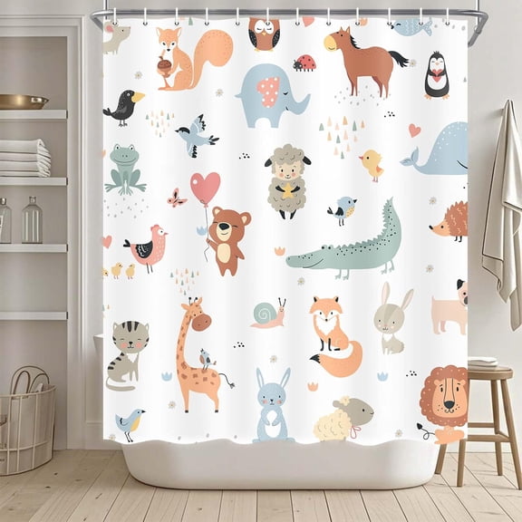 Animal Shower Curtain for Kids, Boho Tropical Animals Shower Curtain Nursery Giraffe Crocodile Hippo Zebra Monkey Cartoon Bath Curtains, Waterproof Bathroom Sets for Children 60X72 Inch