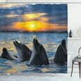 thumbnail image 1 of Animal Shower Curtain, Photo of the Bottle Nosed Dolphins in Sunset Ocean Sea Animals Aquatic Print, Fabric Bathroom Set with Hooks, 69W X 70L Inches, Blue Grey Orange, by Ambesonne, 1 of 2