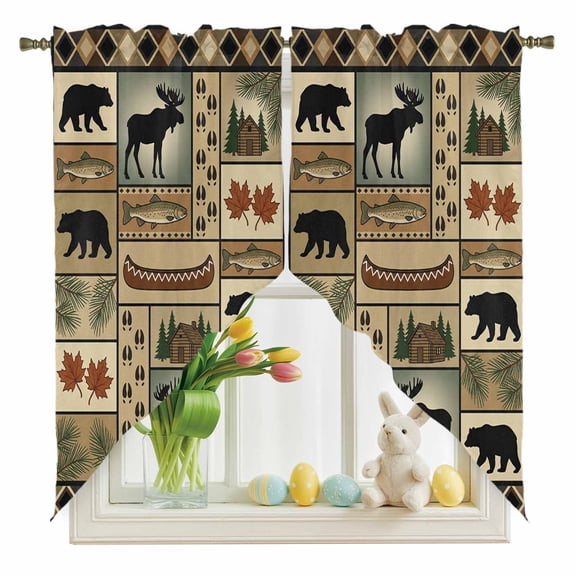 Animal Silhouette Patchwork Swag Kitchen Curtain Valances, Country Forest Farmhouse Bear Fish Footprints Rod Pocket Curtains Window Treatment Decor Valances for Bedroom 2 Panels 36 x 36 Inch