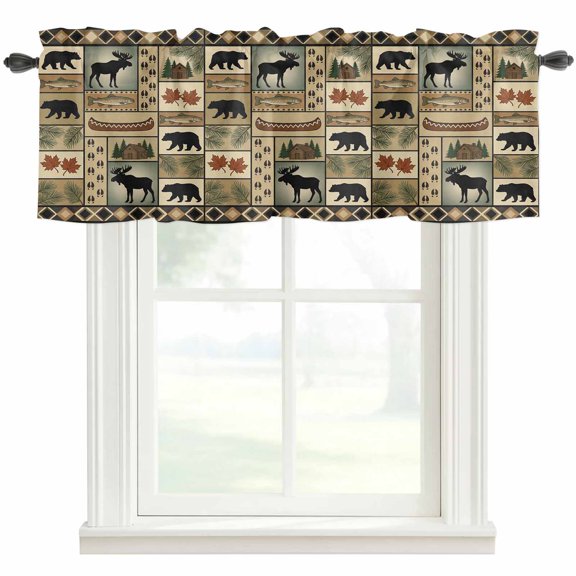 Animal Silhouette Patchwork Valances for Windows Country Forest Farmhouse Bear Fish Footprints Rod Pocket Curtain Valance Window Treatment Short Curtains for Kitchen Living Room, 42"x18"
