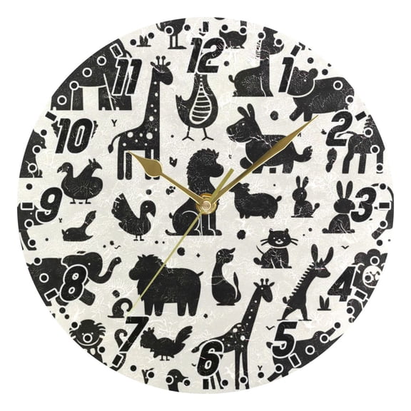 Animal Silhouettes Round Wall Clock Battery Operated Silent Non-Ticking Bedroom Office Kitchen Home School Decor 10"(Gold)