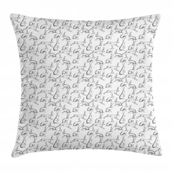 Animal Sketch Throw Pillow Cushion Cover, Vintage Style Easter Rabbit Hares Monochrome Detailed Jumping Bunny Engraving, Decorative Square Accent Pillow Case, 24" X 24", Multicolor, by Ambesonne