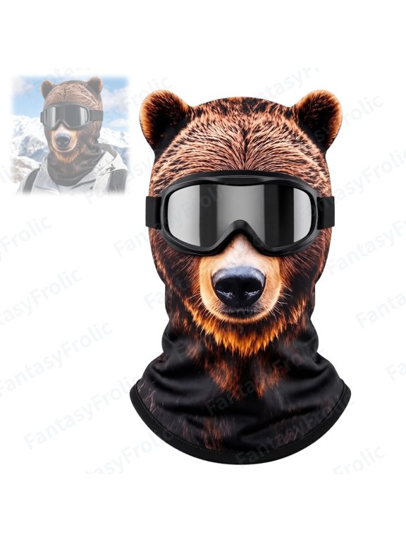 Animal Ski Masks With Ears Funny Windproof Mask Skiing And Cycling Balaclava Realistic Bear Print Head Cover Semi Dull Polyester Comfort Hood For Ski Snowboarding Cycling And Winter Novelty Wear,G