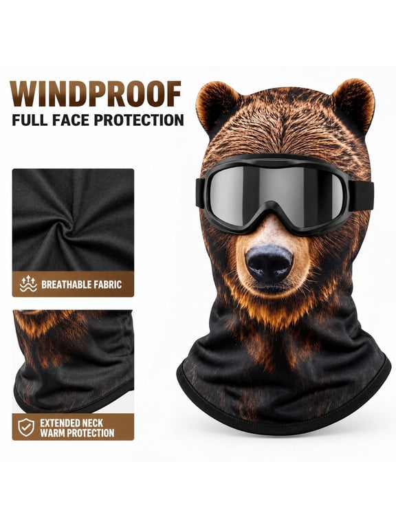 Animal Ski Masks With Ears Skiing And Cycling Balaclava Funny Windproof Mask 3D Bear Ear Animal Face Mask Windproof Full Head Neck Protection For Adult Snow Sports And Halloween Costume Events,G