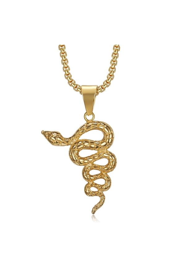 18K Gold Plated Snake Pendant Punk Rock Stainless Steel Necklace, 24'' Chain Gothic Biker Party Gift for Men Women