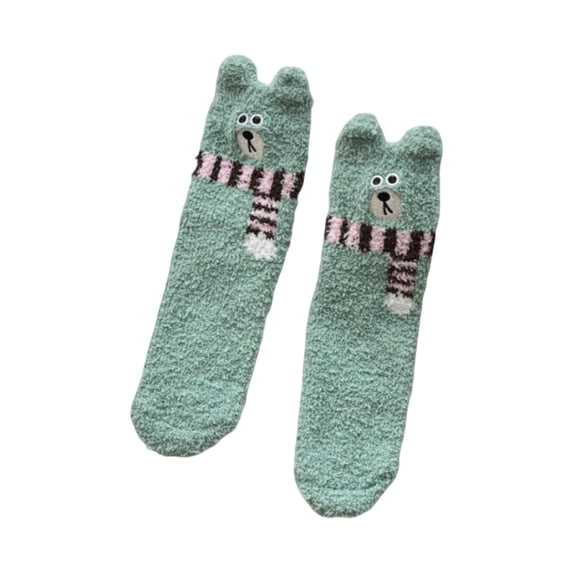 VONCOS Animal Socks for Women Green Plush Fuzzy with 3D Ears, Cozy Bear Novelty Lounge Socks Cute Gift