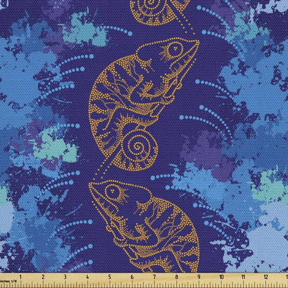 Animal Sofa Upholstery Fabric by the Yard, Rhythmic Chameleon Dots Motif Art Colorful Nature Composition Illustration, Decorative Fabric for DIY and Home Accents, Indigo Azure Blue by Ambesonne