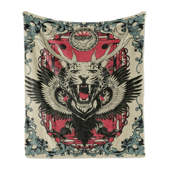 Animal Soft Flannel Fleece Blanket, Abstract Gothic Drawing of a Leopard Head with Horns and Wings Floral Ornaments Art, Cozy Plush for Indoor and Outdoor Use, 50" x 60", Multicolor, by Ambesonne