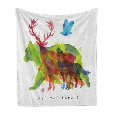 Animal Soft Flannel Fleece Blanket, Alaska Wild Animals Bears Wolfs Eagles Deers in Abstract Colored Shadow Like Print, Cozy Plush for Indoor and Outdoor Use, 50" x 60", Multicolor, by Ambesonne