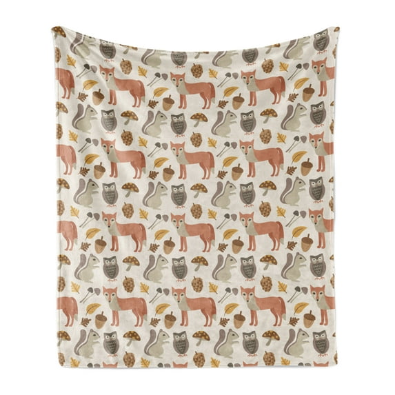 Animal Soft Flannel Fleece Blanket, Autumn Forest Fox Owl Pine Cone Squirrel Mushroom Leaves Cartoon Print, Cozy Plush for Indoor and Outdoor Use, 50" x 60", Eggshell and Multicolor, by Ambesonne