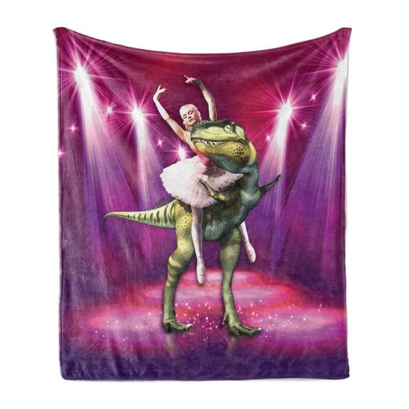 Animal Soft Flannel Fleece Blanket, Ballerina Dancing with a Dinosaur under Neon Stage Unusual Absurd Image Print, Cozy Plush for Indoor and Outdoor Use, 60" x 80", Hot Pink Purple, by Ambesonne