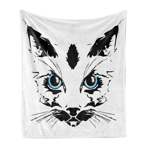 Animal Soft Flannel Fleece Blanket, Big Cat Face Pet with Whiskers with Dark Shadow Hand Drawn Image Print, Cozy Plush for Indoor and Outdoor Use, 50" x 70", Sky Blue White and Black, by Ambesonne