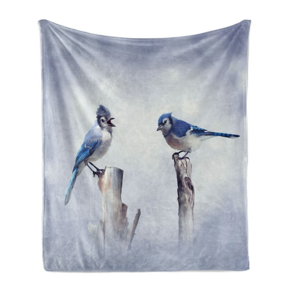 Animal Soft Flannel Fleece Blanket, Bluish Jay Birds Perching on Thin Tree Log Smoky Cloudy Backdrop, Cozy Plush for Indoor and Outdoor Use, 50" x 60", Pale Purpleblue and Sea Blue, by Ambesonne