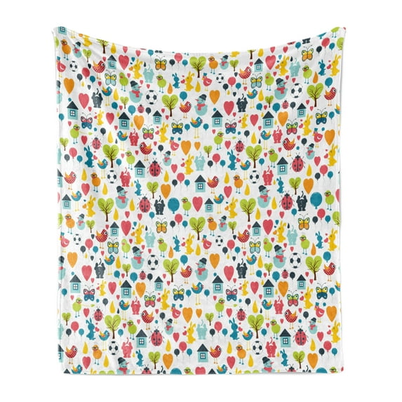 Animal Soft Flannel Fleece Blanket, Cartoon Elements Bugs Animals Birds with Houses Ornamental Nursery Children Pattern, Cozy Plush for Indoor and Outdoor Use, 50" x 70", Multicolor, by Ambesonne