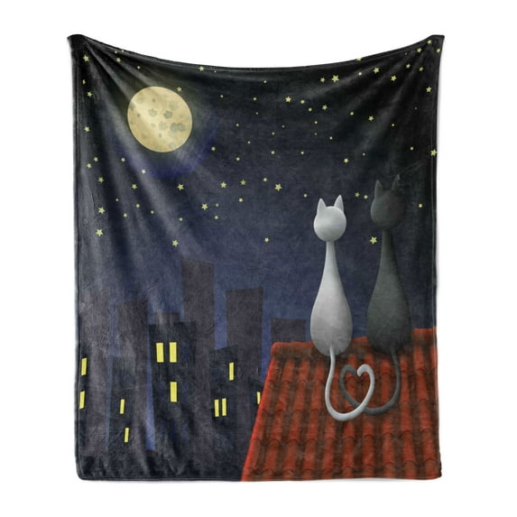 Animal Soft Flannel Fleece Blanket, Cats on the Roof Couple Valentines Animal Kitten Kitty Night Full Moon Starry Sky, Cozy Plush for Indoor and Outdoor Use, 60" x 80", Grey Yellow, by Ambesonne