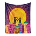 thumbnail image 1 of Animal Soft Flannel Fleece Blanket, Cats on the Roof with Heart Shaped Tales Watching the Moonlight at Night in Town, Cozy Plush for Indoor and Outdoor Use, 50" x 60", Purple Orange, by Ambesonne, 1 of 5