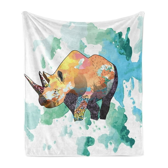 Animal Soft Flannel Fleece Blanket, Colorful Creature on a Watercolor Style Background Powerful Animal in Sketch Style, Cozy Plush for Indoor and Outdoor Use, 50" x 70", Multicolor, by Ambesonne