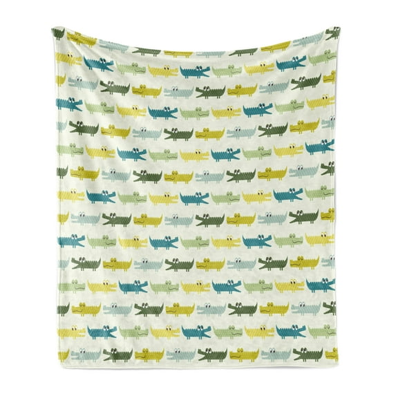 Animal Soft Flannel Fleece Blanket, Crocodile Characters in Cartoon Style Funny Faces Animal Alligators Childish, Cozy Plush for Indoor and Outdoor Use, 60" x 80", Yellow Green Teal, by Ambesonne