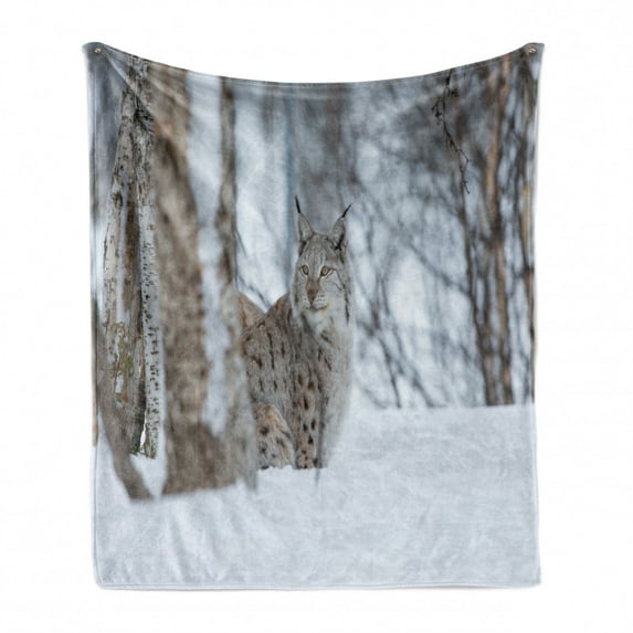 Animal Soft Flannel Fleece Blanket, European Lynx Snowy Cold Forest Norway Nordic Country Wildlife Apex Predator, Cozy Plush for Indoor and Outdoor Use, 70" x 90", Pale Brown White, by Ambesonne