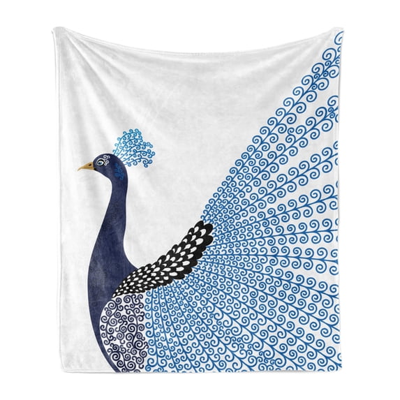 Animal Soft Flannel Fleece Blanket, Exotic Wild Magnificent Bird with Feather Peacock Modern Image Artwork, Cozy Plush for Indoor and Outdoor Use, 70" x 90", Dark Blue Blue and Black, by Ambesonne