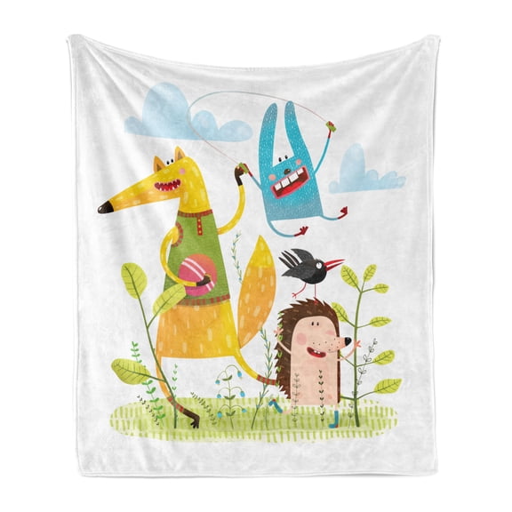 Animal Soft Flannel Fleece Blanket, Fox Hedgehog Crow and Dog Skipping Rope in the Garden Best Friends Children Cartoon, Cozy Plush for Indoor and Outdoor Use, 60" x 80", Multicolor, by Ambesonne