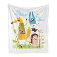 thumbnail image 1 of Animal Soft Flannel Fleece Blanket, Fox Hedgehog Crow and Dog Skipping Rope in the Garden Best Friends Children Cartoon, Cozy Plush for Indoor and Outdoor Use, 70" x 90", Multicolor, by Ambesonne, 1 of 6