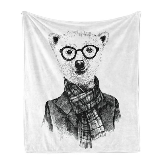 Animal Soft Flannel Fleece Blanket, Hand Drawn Monochrome Sketch Style Hipster Bear with Jacket Scarf Glasses, Cozy Plush for Indoor and Outdoor Use, 50" x 70", Black Grey and White, by Ambesonne