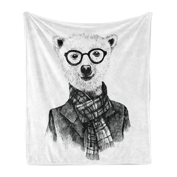 Animal Soft Flannel Fleece Blanket, Hand Drawn Monochrome Sketch Style Hipster Bear with Jacket Scarf Glasses, Cozy Plush for Indoor and Outdoor Use, 50" x 70", Black Grey and White, by Ambesonne