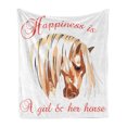 thumbnail image 1 of Animal Soft Flannel Fleece Blanket, Happiness is a Girl and Her Horse Lettering with Side Portrait of Animal, Cozy Plush for Indoor and Outdoor Use, 50" x 60", White and Multicolor, by Ambesonne, 1 of 5