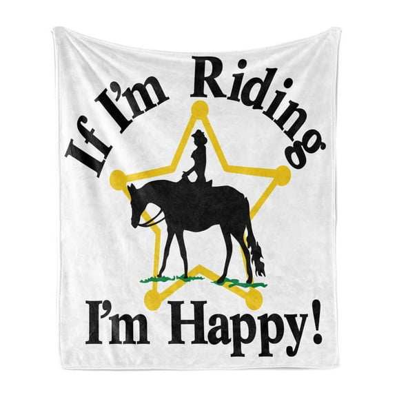 Animal Soft Flannel Fleece Blanket, If I'm Riding I'm Happy Typographic Cowboy Man on Horse Silhouette Star, Cozy Plush for Indoor and Outdoor Use, 70" x 90", Mustard Charcoal Grey, by Ambesonne