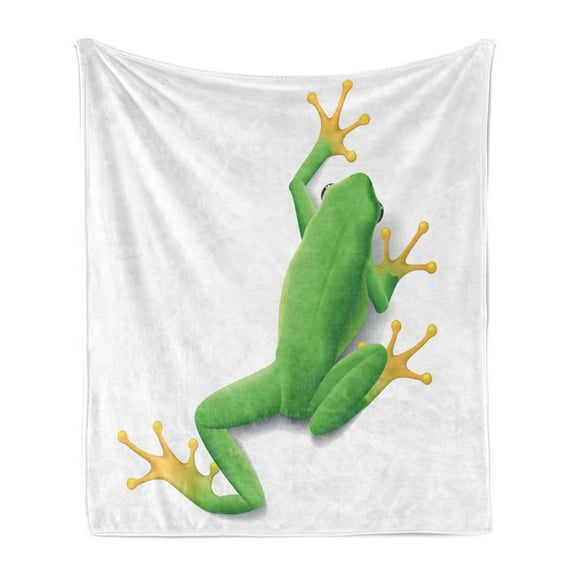 Animal Soft Flannel Fleece Blanket, Illustration of a Frog from Behind Little Paws Tropic Nature Wildlife Modern, Cozy Plush for Indoor and Outdoor Use, 50" x 70", Green White Yellow, by Ambesonne
