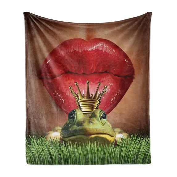 Animal Soft Flannel Fleece Blanket, Lady Finds Her Frog Prince Charming Soul Mate in Love Romance Fairy Tale Art, Cozy Plush for Indoor and Outdoor Use, 60" x 80", Green Red Yellow, by Ambesonne