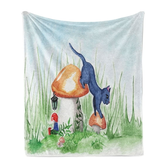 Animal Soft Flannel Fleece Blanket, Little Cartoon Cat Black in a Mushroom Garden with Leaves and Flowers Artwork Print, Cozy Plush for Indoor and Outdoor Use, 60" x 80", Multicolor, by Ambesonne