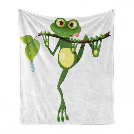 Animal Soft Flannel Fleece Blanket, Little Frog on Branch of the Tree in Rainforest Nature Jungle Life Art Earth, Cozy Plush for Indoor and Outdoor Use, 50" x 70", Green White Yellow, by Ambesonne