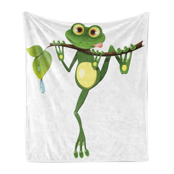Animal Soft Flannel Fleece Blanket, Little Frog on Branch of the Tree in Rainforest Nature Jungle Life Art Earth, Cozy Plush for Indoor and Outdoor Use, 70" x 90", Green White Yellow, by Ambesonne