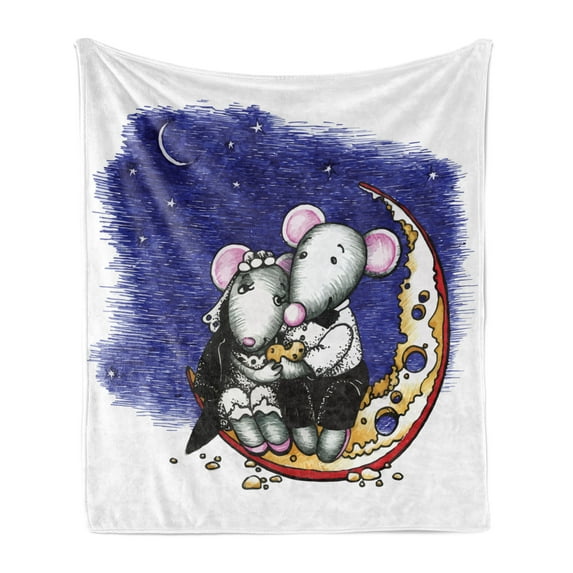Animal Soft Flannel Fleece Blanket, Mouse Couple Sitting on the Cheese Flavoured Moon Bride Groom Valentines Wedding Art, Cozy Plush for Indoor and Outdoor Use, 60" x 80", Multicolor, by Ambesonne