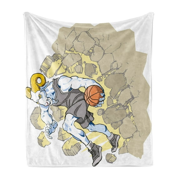 Animal Soft Flannel Fleece Blanket, Painting Style a Farmville Bighorn Sheep Animal Basketball Player Ilustration Art, Cozy Plush for Indoor and Outdoor Use, 60" x 80", Tan and Grey, by Ambesonne