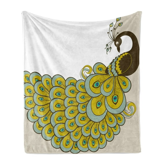 Animal Soft Flannel Fleece Blanket, Peacock with a Colorful Tail Design Bird of Sophistication Illustration, Cozy Plush for Indoor and Outdoor Use, 60" x 80", Brown Sage Green Beige, by Ambesonne