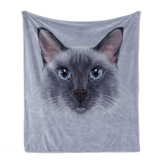 Animal Soft Flannel Fleece Blanket, Portrait Image of Thai Siamese Cat with Retro Style Lettering Artwork, Cozy Plush for Indoor and Outdoor Use, 50" x 60", White Sky Blue and Grey, by Ambesonne