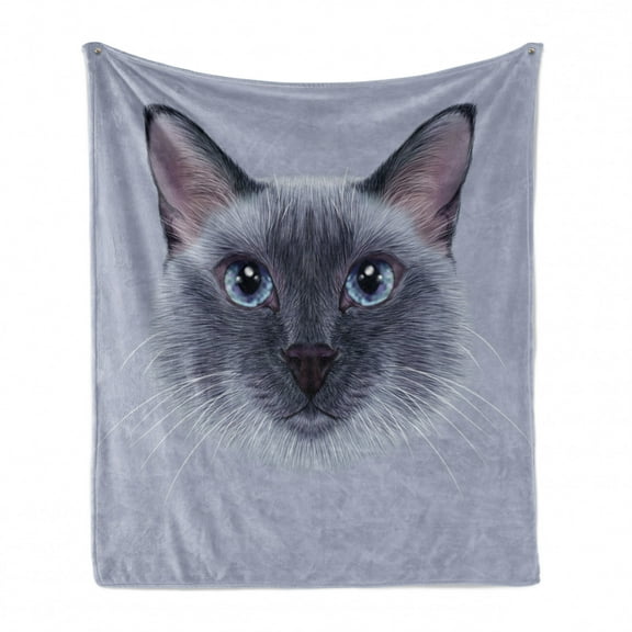 Animal Soft Flannel Fleece Blanket, Portrait Image of Thai Siamese Cat with Retro Style Lettering Artwork, Cozy Plush for Indoor and Outdoor Use, 50" x 70", White Sky Blue and Grey, by Ambesonne