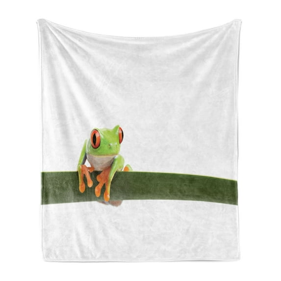 Animal Soft Flannel Fleece Blanket, Red Eyed Tree Frog Perches on a Long Slim Leaf Tropic Rainforest Animal Wild Life, Cozy Plush for Indoor and Outdoor Use, 50" x 70", Green White, by Ambesonne