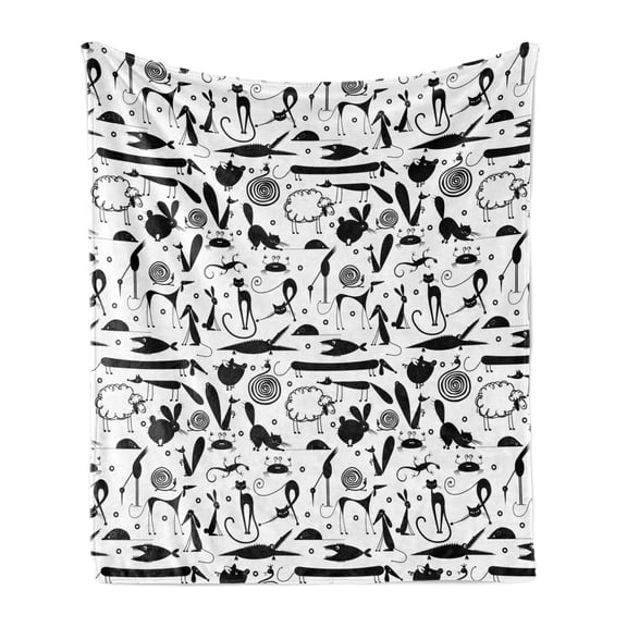 Animal Soft Flannel Fleece Blanket, Sheep Rabbit Snail Pig Crocodile Dog Cat Lizard Fox Monochrome Sketch Print, Cozy Plush for Indoor and Outdoor Use, 50" x 70", White Charcoal Grey, by Ambesonne