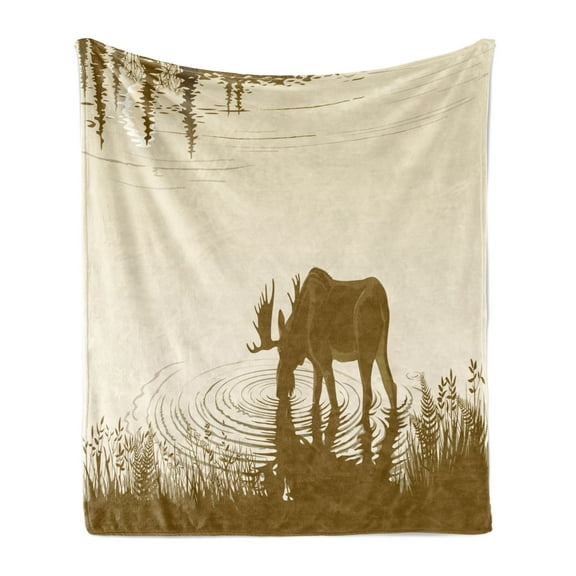 Animal Soft Flannel Fleece Blanket, Silhouette of Elk Drinking Water in Lake River Forest Wildlife Scenery Illustration, Cozy Plush for Indoor and Outdoor Use, 50" x 60", Cream Sepia, by Ambesonne