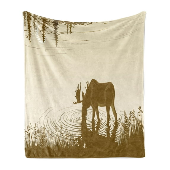 Animal Soft Flannel Fleece Blanket, Silhouette of Elk Drinking Water in Lake River Forest Wildlife Scenery Illustration, Cozy Plush for Indoor and Outdoor Use, 60" x 80", Cream Sepia, by Ambesonne