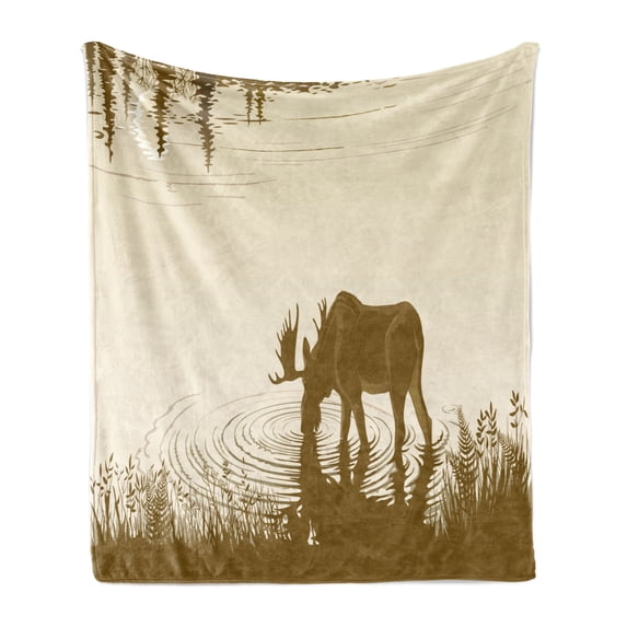 Animal Soft Flannel Fleece Blanket, Silhouette of Elk Drinking Water in Lake River Forest Wildlife Scenery Illustration, Cozy Plush for Indoor and Outdoor Use, 70" x 90", Cream Sepia, by Ambesonne