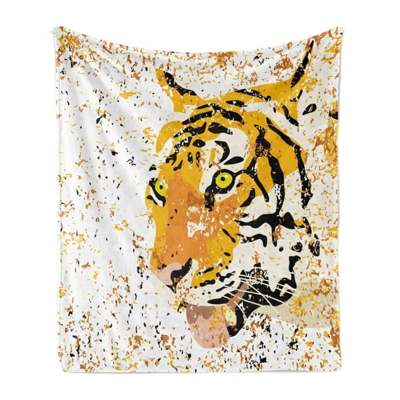 Animal Soft Flannel Fleece Blanket, Wildlife Theme Vector Illustration of a Tiger Portrait Grunge Style Illustration Print, Cozy Plush for Indoor and Outdoor Use, 60" x 80", Orange, by Ambesonne