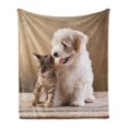 thumbnail image 1 of Animal Soft Flannel Fleece Throw Blanket, Baby Cat Kitten and Puppy Dog Best Friends Image Photo Artwork, Cozy Plush for Indoor and Outdoor Use, 50" x 60", Sand Brown White, by Ambesonne, 1 of 6